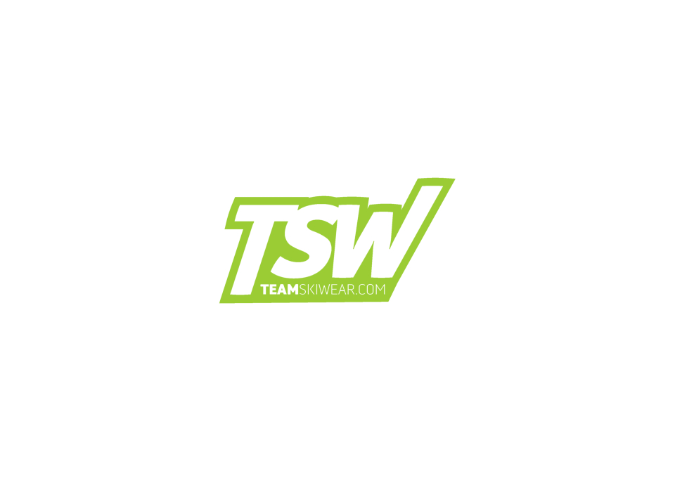 Hellgrünes „TSW”-Logo mit „Teamskiwear.com” in kleinerer Schrift darunter. Das Design ist klar und modern und hebt sich von einem schlichten weißen Hintergrund ab.