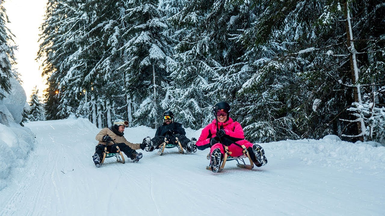 Three people in winter gear sledding down a snowy forest path. The scene is lively and joyful, with snow-covered trees lining the route.