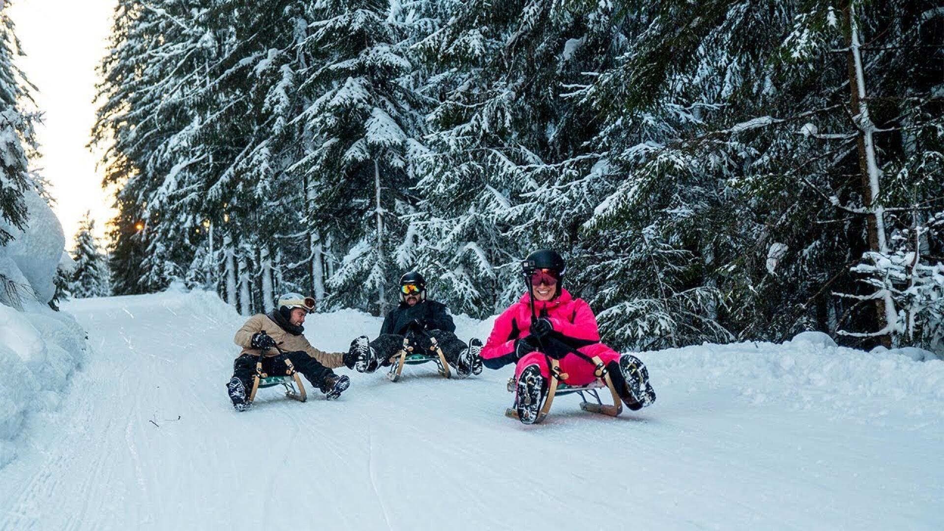 Drei Personen in Winterkleidung fahren mit einem Schlitten einen verschneiten Waldweg hinunter. Die Szene ist lebhaft und fröhlich, mit schneebedeckten Bäumen, die den Weg säumen.