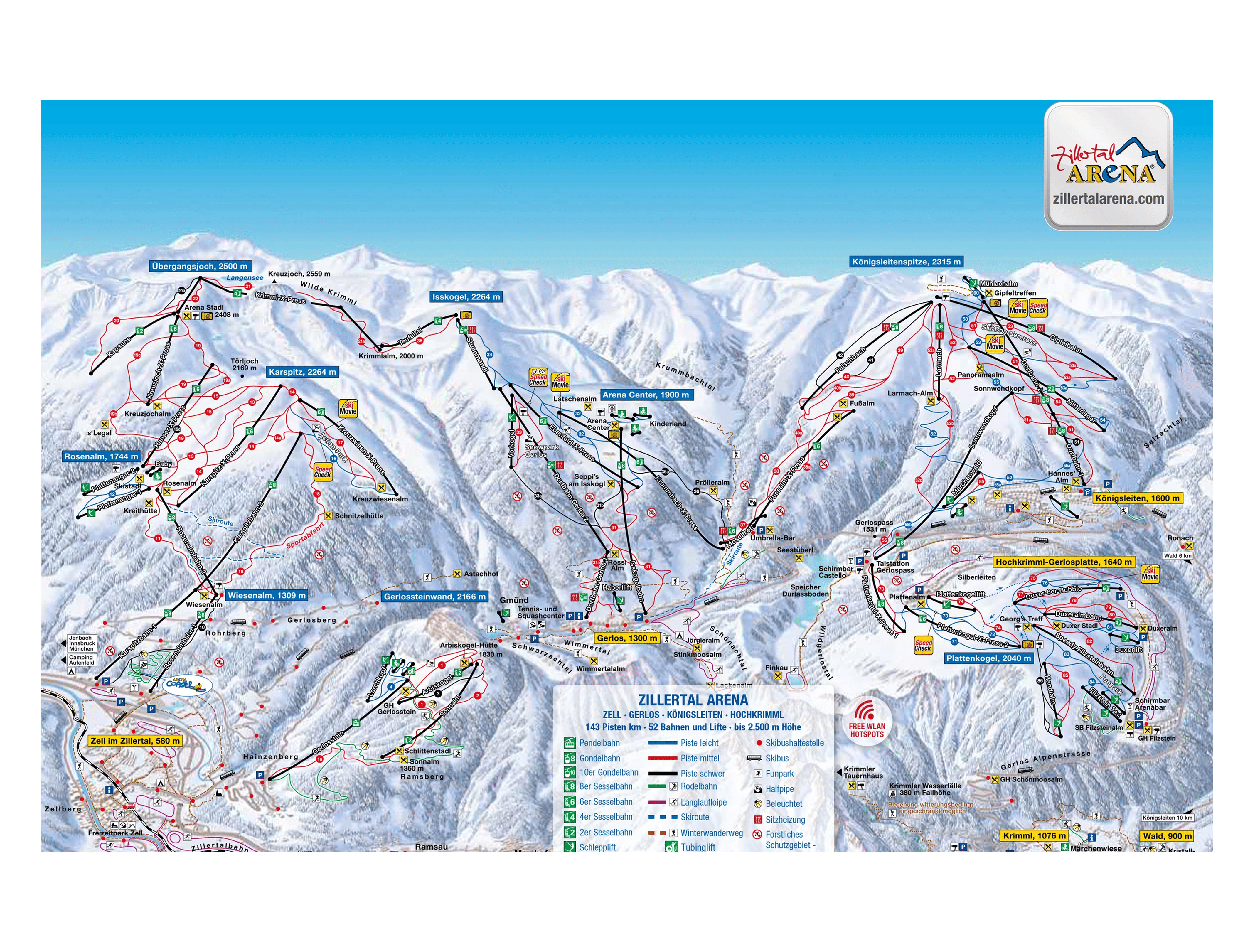 A detailed ski map of Zillertal Arena shows various ski runs and lifts across snowy mountains. Color-coded trails indicate difficulty levels.