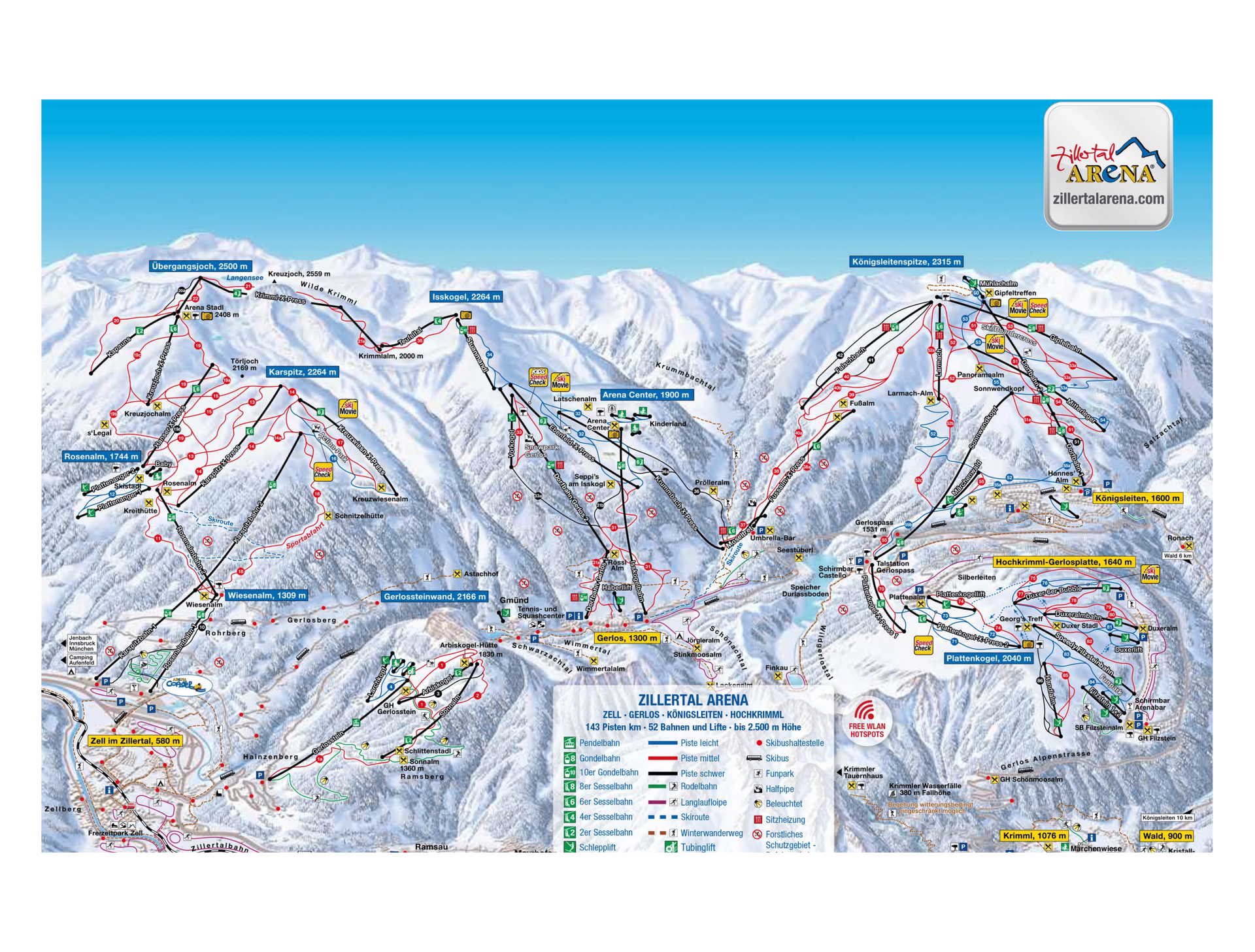 Eine detaillierte Skikarte der Zillertal Arena zeigt verschiedene Skipisten und Lifte in den verschneiten Bergen. Die farblich gekennzeichneten Pisten geben den Schwierigkeitsgrad an.
