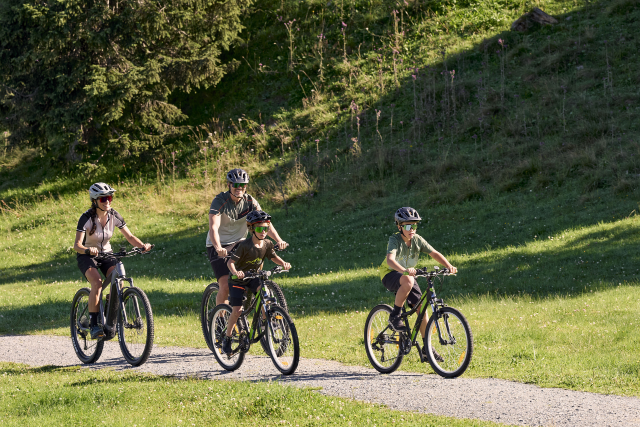 Eine vierköpfige Familie mit Helmen fährt mit dem Fahrrad auf einem sonnigen, grasbewachsenen Weg. Üppige Bäume und ein sanfter Hügel bilden eine ruhige Landschaft.